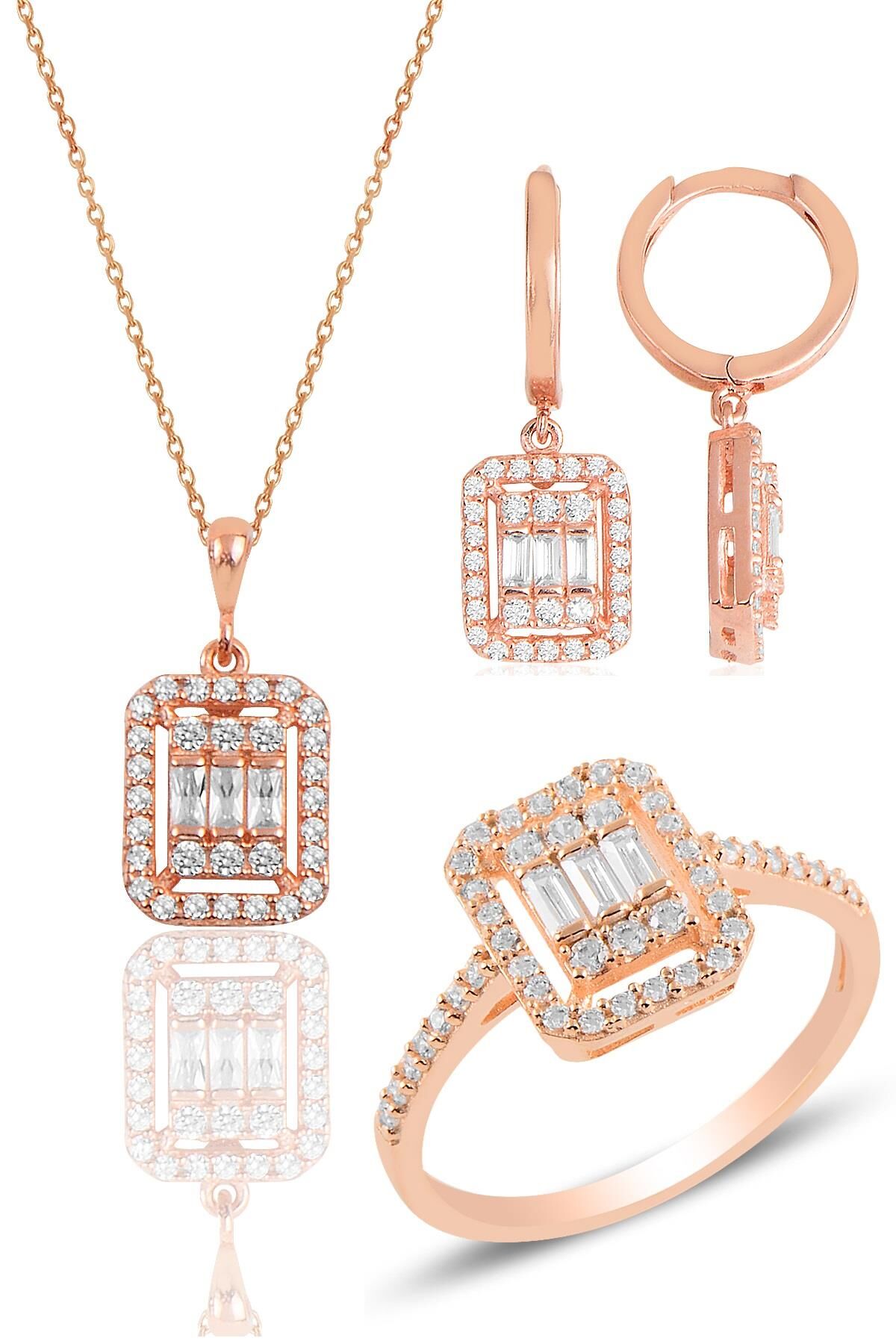 Gümüş rose baget taşlı çizgili üçlü set SGTL11565ROSE