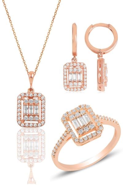 Gümüş rose baget taşlı çizgili üçlü set SGTL11565ROSE