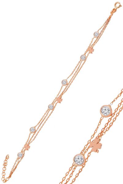 Gümüş rose zirkon taşlı yonca  figürlü bileklik SGTL11015ROSE