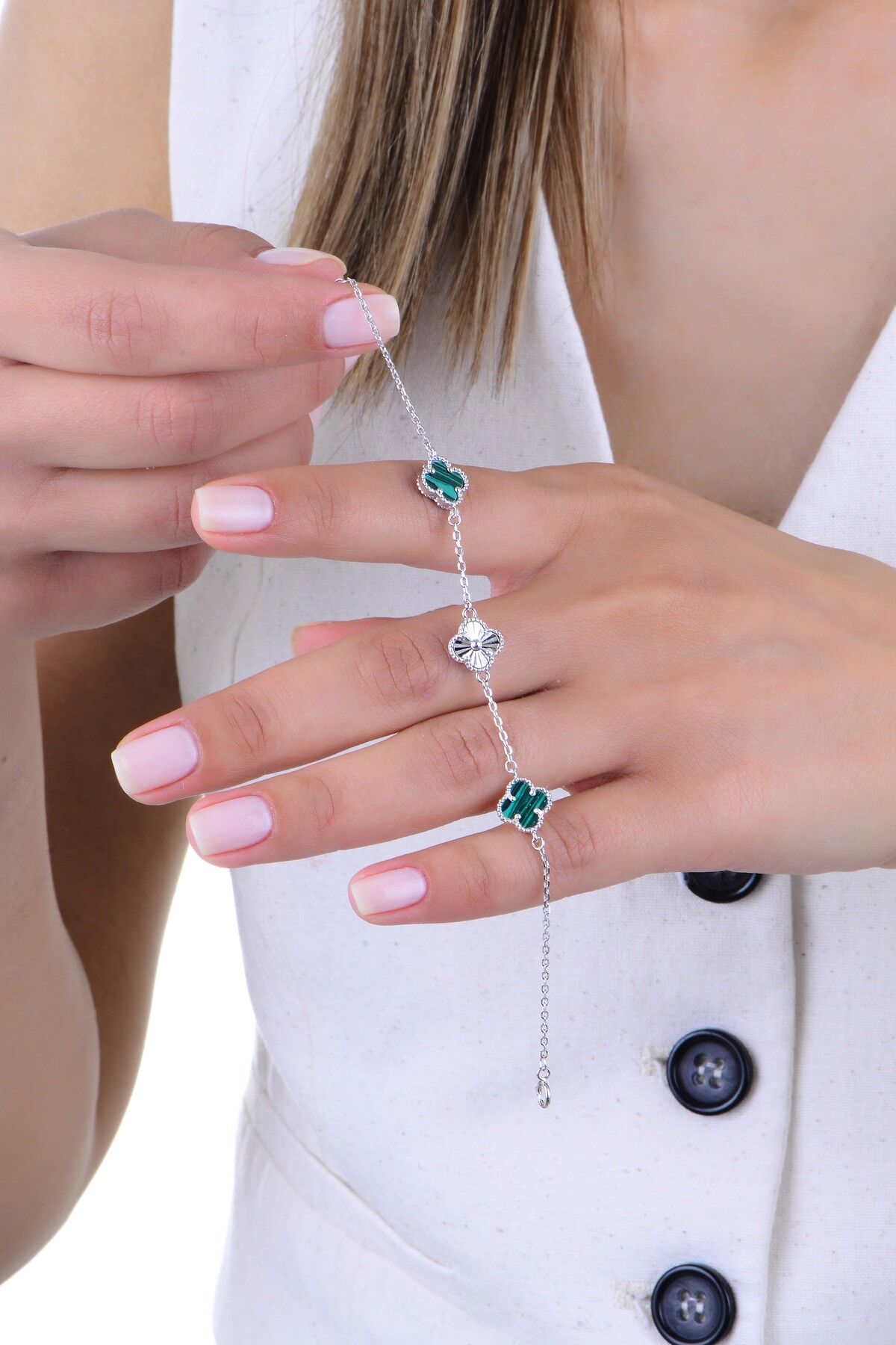 Gümüş rodyumlu lazer işlemi malakit (malahit) taşlı clover yonca bileklik SGTL12928YESIL
