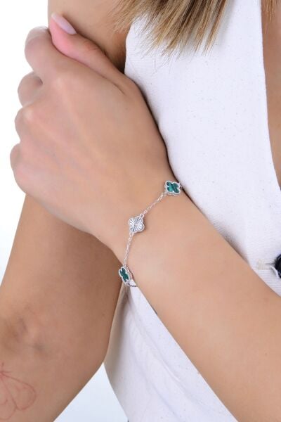 Gümüş rodyumlu lazer işlemi malakit (malahit) taşlı clover yonca bileklik SGTL12928YESIL