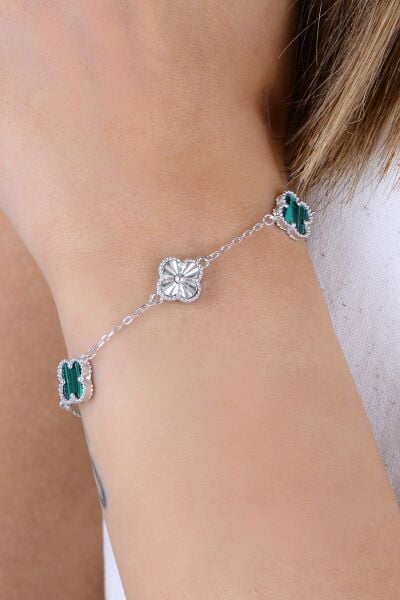 Gümüş rodyumlu lazer işlemi malakit (malahit) taşlı clover yonca bileklik SGTL12928YESIL