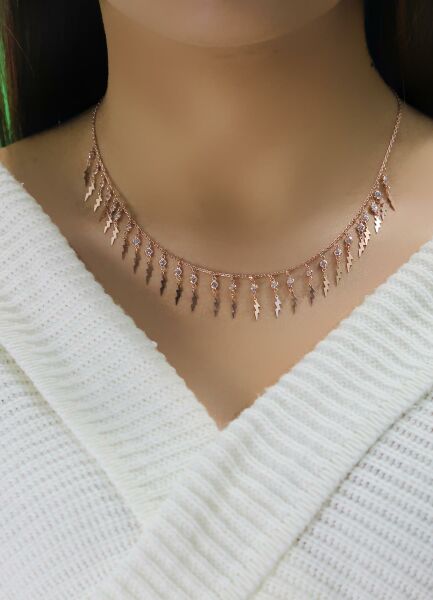 Gümüş rose zirkon taşlı şimşek kolye SGTL10483ROSE