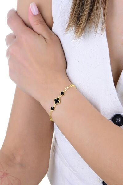 Gümüş altın yaldızlı onix taşlı ataç zincir detaylı çift zincirli yonca bileklik SGTL12929GOLD