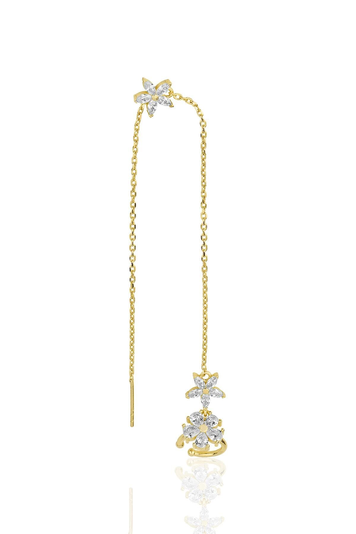 Gümüş altın yaldızlı zirkon taşlı özel tasarım lotus zincirli kıkırdak küpe SGTL11956GOLD