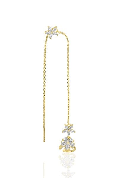 Gümüş altın yaldızlı zirkon taşlı özel tasarım lotus zincirli kıkırdak küpe SGTL11956GOLD