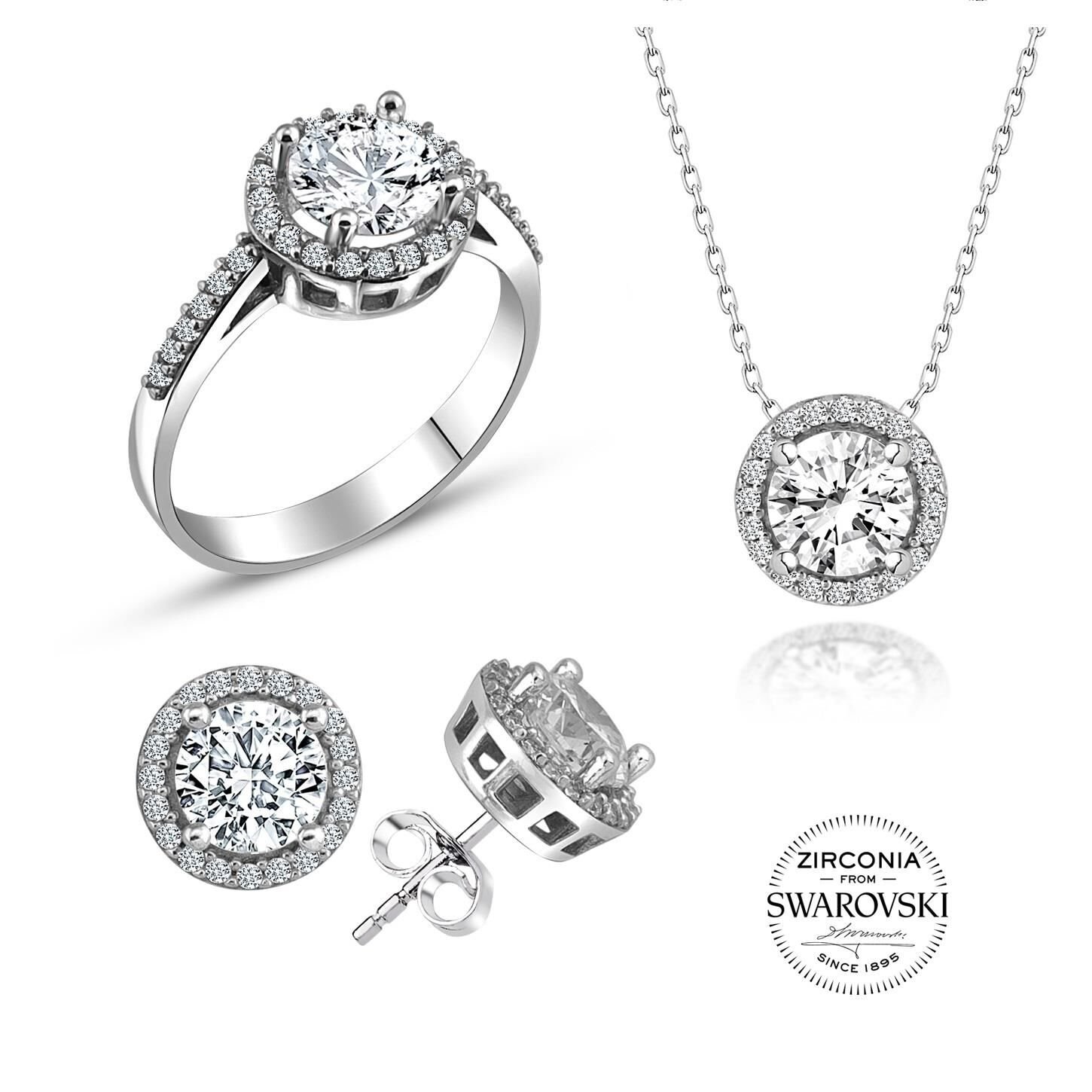 Gümüş Swarovski taşlı pırlanta modeli yuvarlak üçlü set SGTL20518SETA