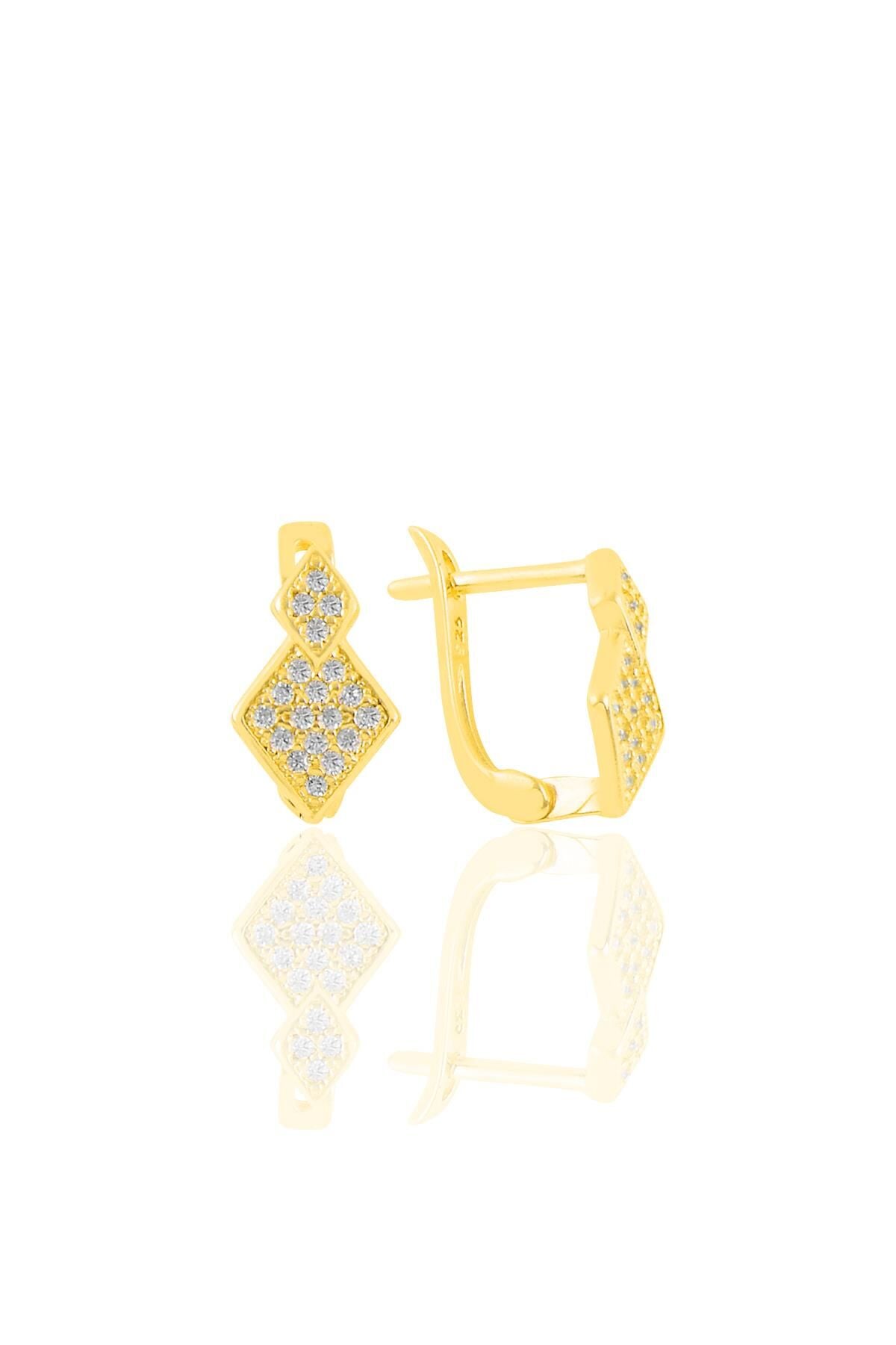 Gümüş altın yaldızlı zirkon taşlı baklava dilimi j küpe SGTL11223GOLD