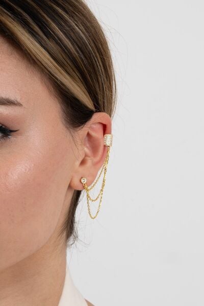 Gümüş altın yaldızlı zirkon taşlı zincirli kıkırdak küpe SGTL11955GOLD