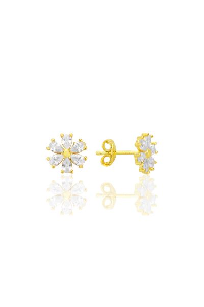 Gümüş altın yaldızlı zirkon taşlı kristal çiçek küpe SGTL12662GOLD