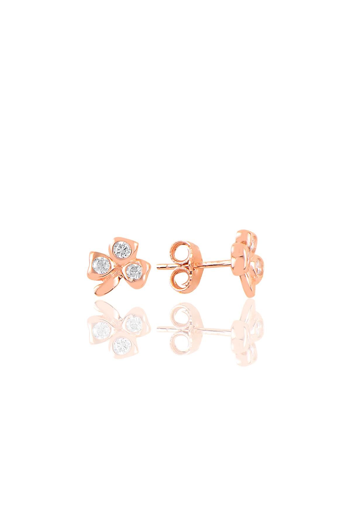 Gümüş rose  zirkon taşlı üç yapraklı  yonca küpe SGTL10976ROSE