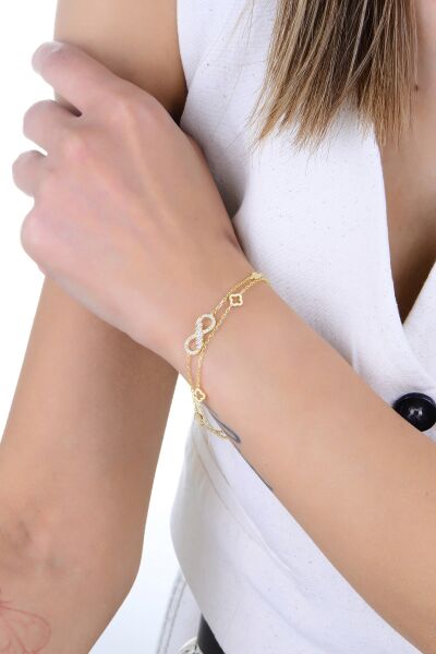 Gümüş altın yaldızlı baget kesim zirkon taşlı çift zincirli sonsuzluk yonca bileklik SGTL12935GOLD