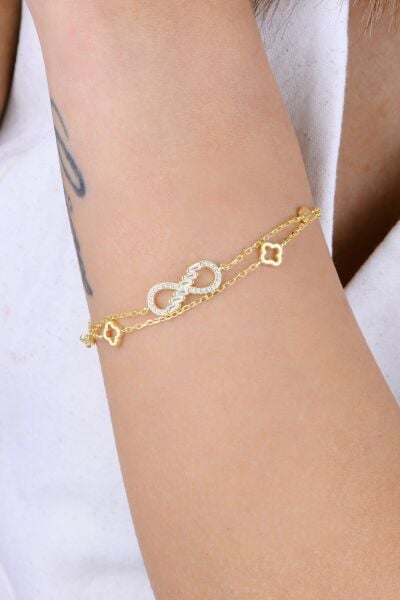 Gümüş altın yaldızlı baget kesim zirkon taşlı çift zincirli sonsuzluk yonca bileklik SGTL12935GOLD