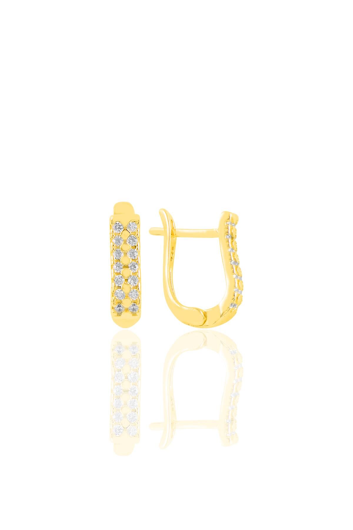 Gümüş altın yaldızlı zirkon taşlı  çift sıra taşlı  j küpe SGTL11221GOLD