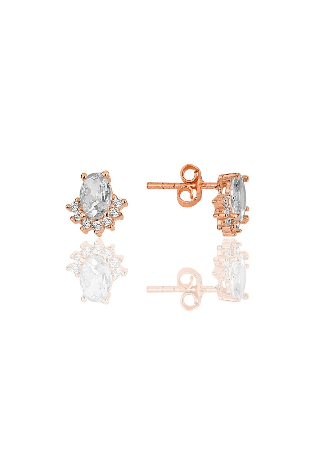 Gümüş rose oval kesim zirkon taşlı pırlanta modeli küpe SGTL11953ROSE