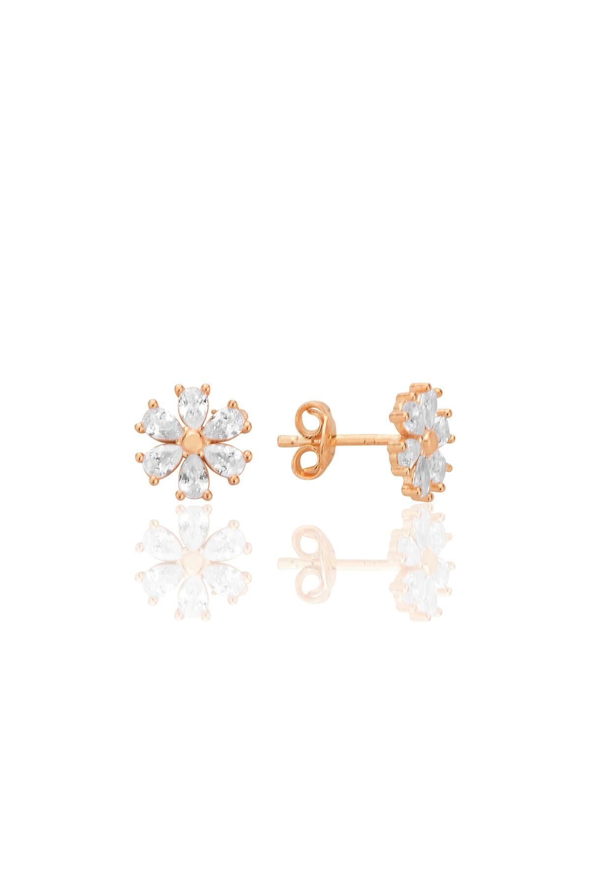 Gümüş rose zirkon taşlı kristal çiçek küpe SGTL12662ROSE