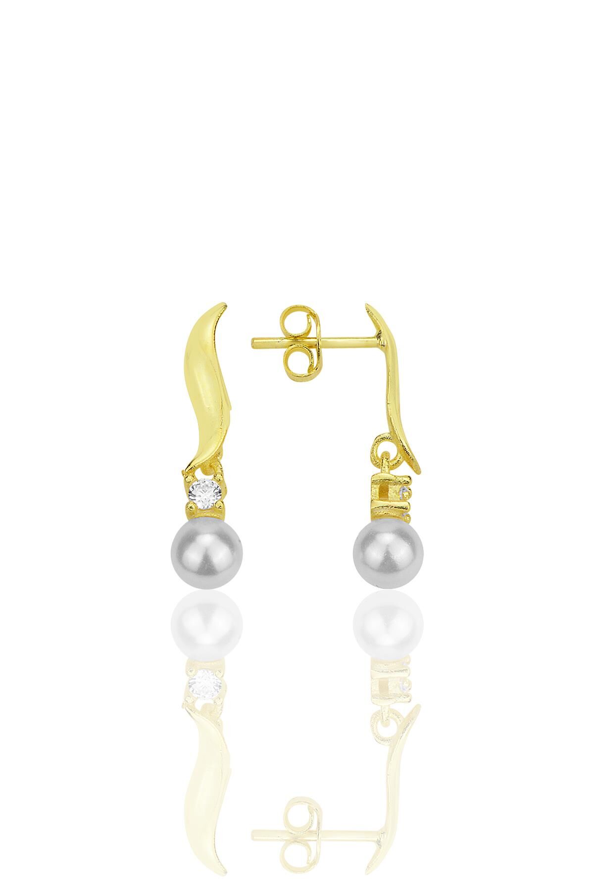 Gümüş altın yaldızlı inci ve zirkon taşlı dalga küpe SGTL12315GOLD