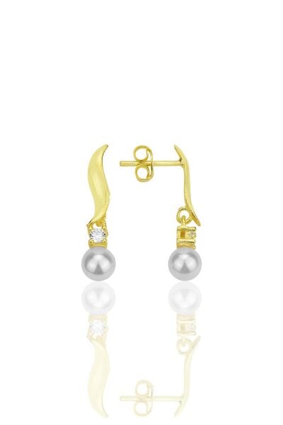 Gümüş altın yaldızlı inci ve zirkon taşlı dalga küpe SGTL12315GOLD