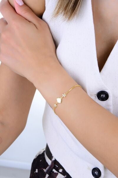 Gümüş altın yaldızlı sedef ve zirkon taşlı midye yıldız bileklik SGTL12936GOLD