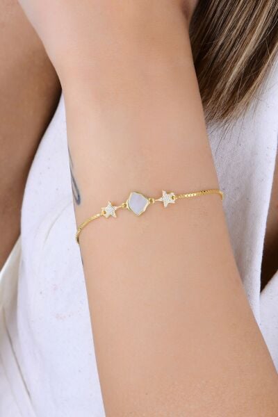 Gümüş altın yaldızlı sedef ve zirkon taşlı midye yıldız bileklik SGTL12936GOLD