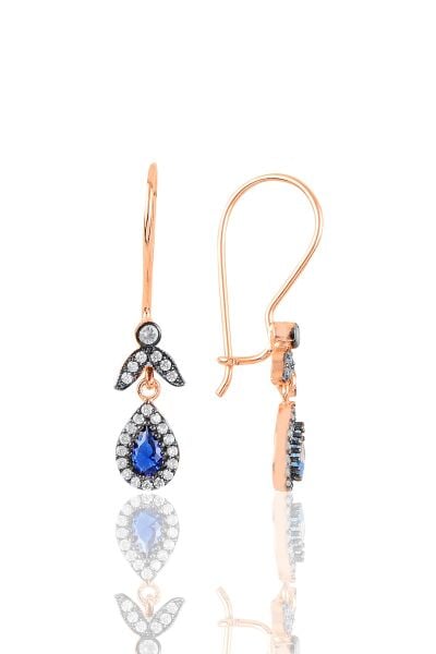 925 Ayar Gümüş Küpe Rose Gold Kaplama Elmas Montürlü Işıltılı Damla Kesim Safir Zirkon Taşlı Küpe SGTL13230LACIVERT