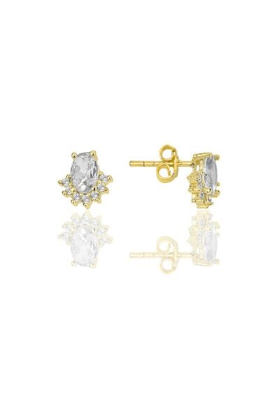 Gümüş altın yaldızlı oval kesim zirkon taşlı pırlanta modeli küpe SGTL11953GOLD