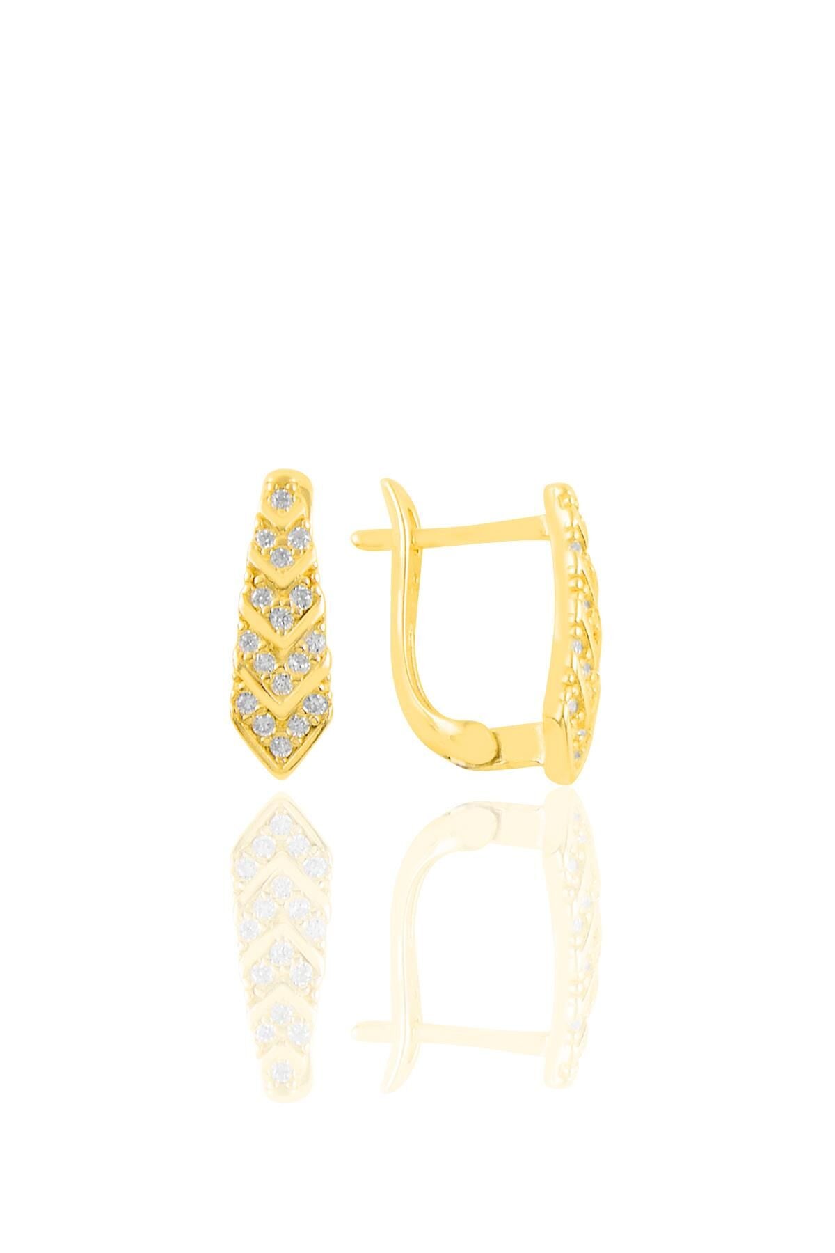 Gümüş altın yaldızlı zirkon taşlı kravat model j küpe SGTL11218GOLD
