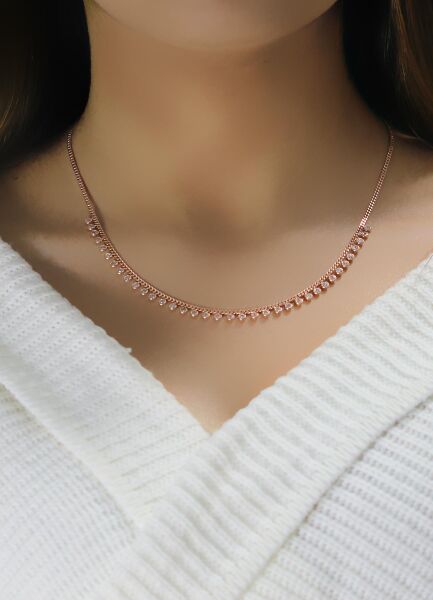Gümüş rose zirkon taşlı  gurmet zincirli  kolye SGTL10487ROSE