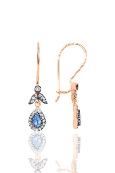 925 Ayar Gümüş Küpe Rose Gold Kaplama Elmas Montürlü Işıltılı Damla Kesim Akuamarin Zirkon Taşlı Küpe SGTL13230MAVI