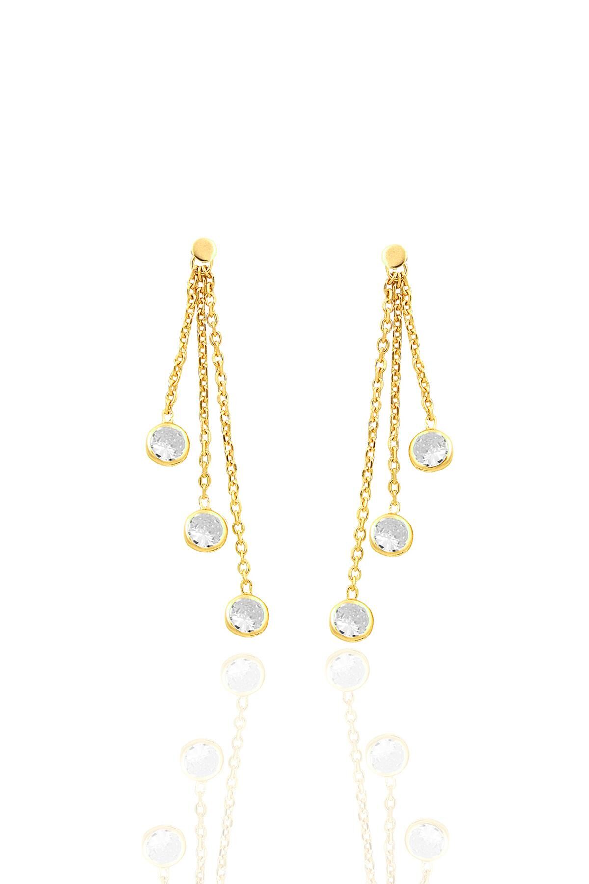 Gümüş altın yaldızlı zirkon taşlı zincir ışıltısı küpe SGTL12664GOLD