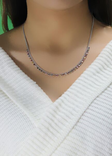 Gümüş rodyumlu renkli taşlı gurmet zincirli kolye SGTL10488RODAJ