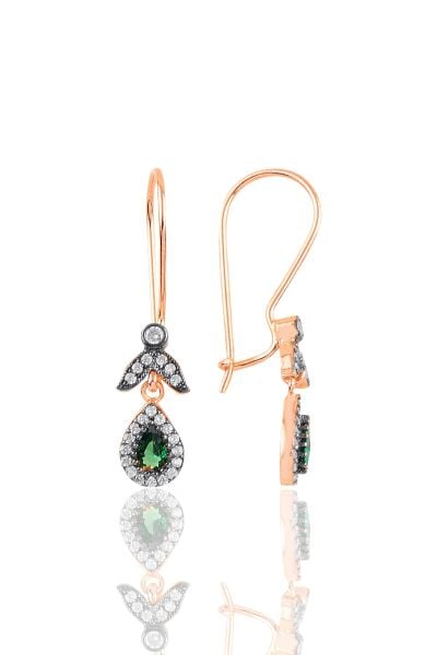 925 Ayar Gümüş Küpe Rose Gold Kaplama Elmas Montürlü Işıltılı Damla Kesim Zümrüt Zirkon Taşlı Küpe SGTL13230YESIL
