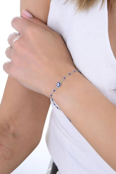 Gümüş rodyumlu nazar boncuklu mineli zincir bileklik SGTL12937RODAJ