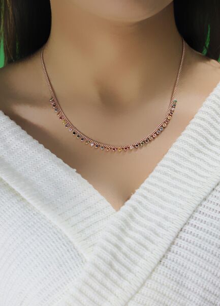 Gümüş rose renkli taşlı gurmet zincirli kolye SGTL10488ROSE