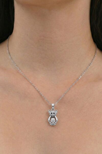 925 Ayar Gümüş Kolye  Zirkon Taşlı Sevimli Ayıcık Kolye - Tektaş Tutan Ayı Figürlü Kadın Kolye SGTL13231RODAJ