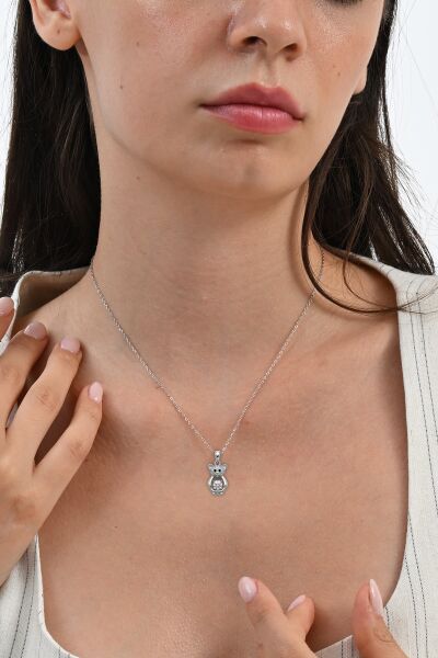 925 Ayar Gümüş Kolye  Zirkon Taşlı Sevimli Ayıcık Kolye - Tektaş Tutan Ayı Figürlü Kadın Kolye SGTL13231RODAJ