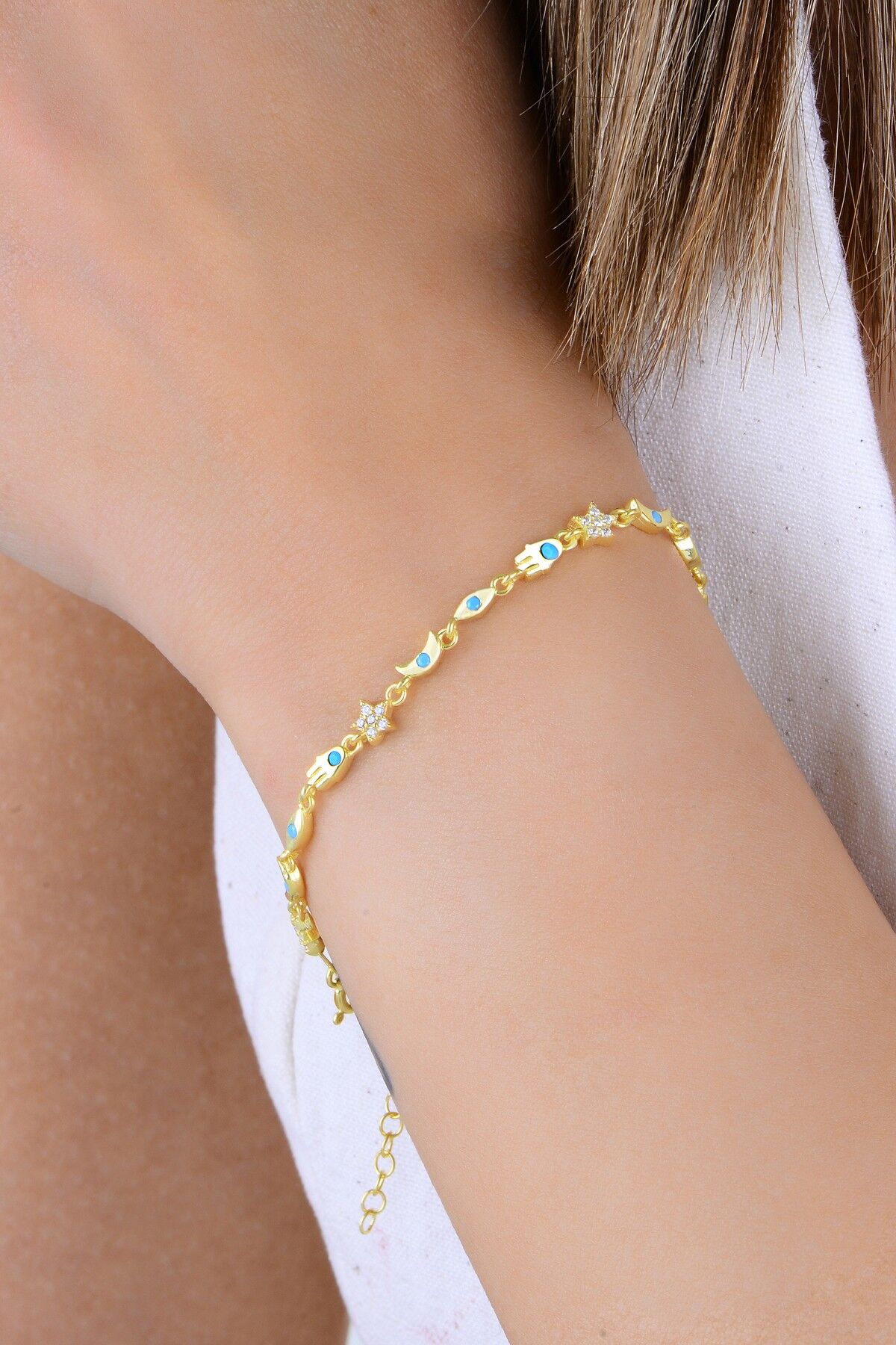 Gümüş altın yaldızlı firuze ve zirkon taşlı şans ve bereket bilekliği SGTL12939GOLD