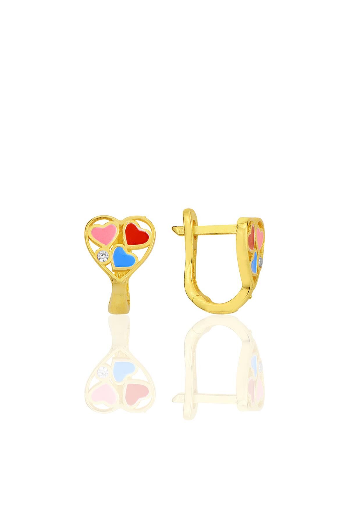 Gümüş altın yaldızlı zirkon taşlı renkli kalpler çocuk küpesi SGTL12365GOLD