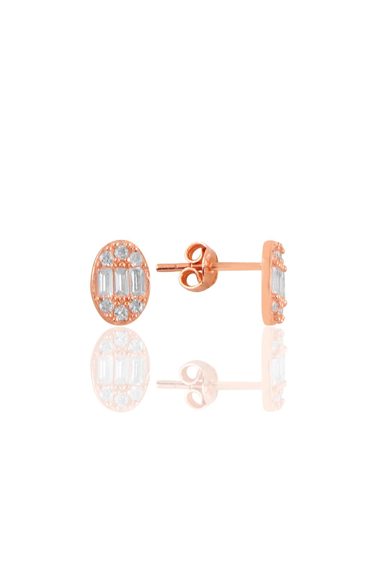 Gümüş rose zirkon baget taşlı oval küpe  SGTL11216ROSE