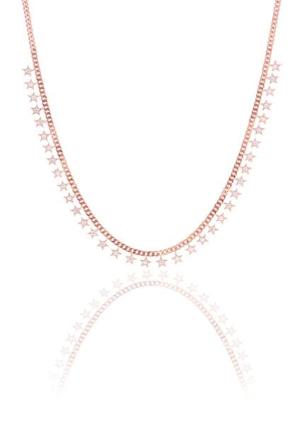 Gümüş rose zirkon taşlı gurmet zincirli yıldız kolye SGTL10489ROSE