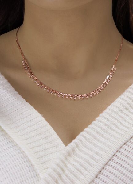 Gümüş rose zirkon taşlı gurmet zincirli yıldız kolye SGTL10489ROSE