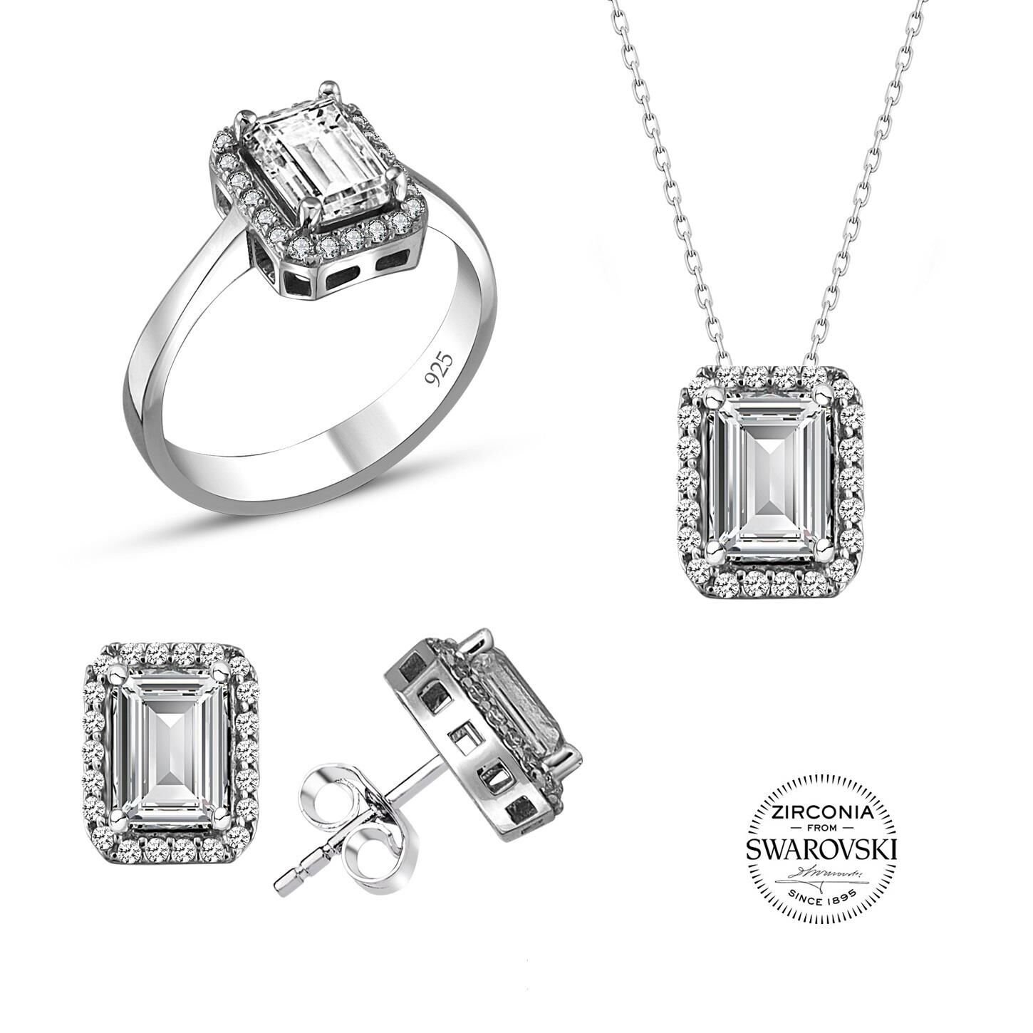 Gümüş Swarovski baget taşlı pırlanta modeli üçlü set SGTL20519SETA