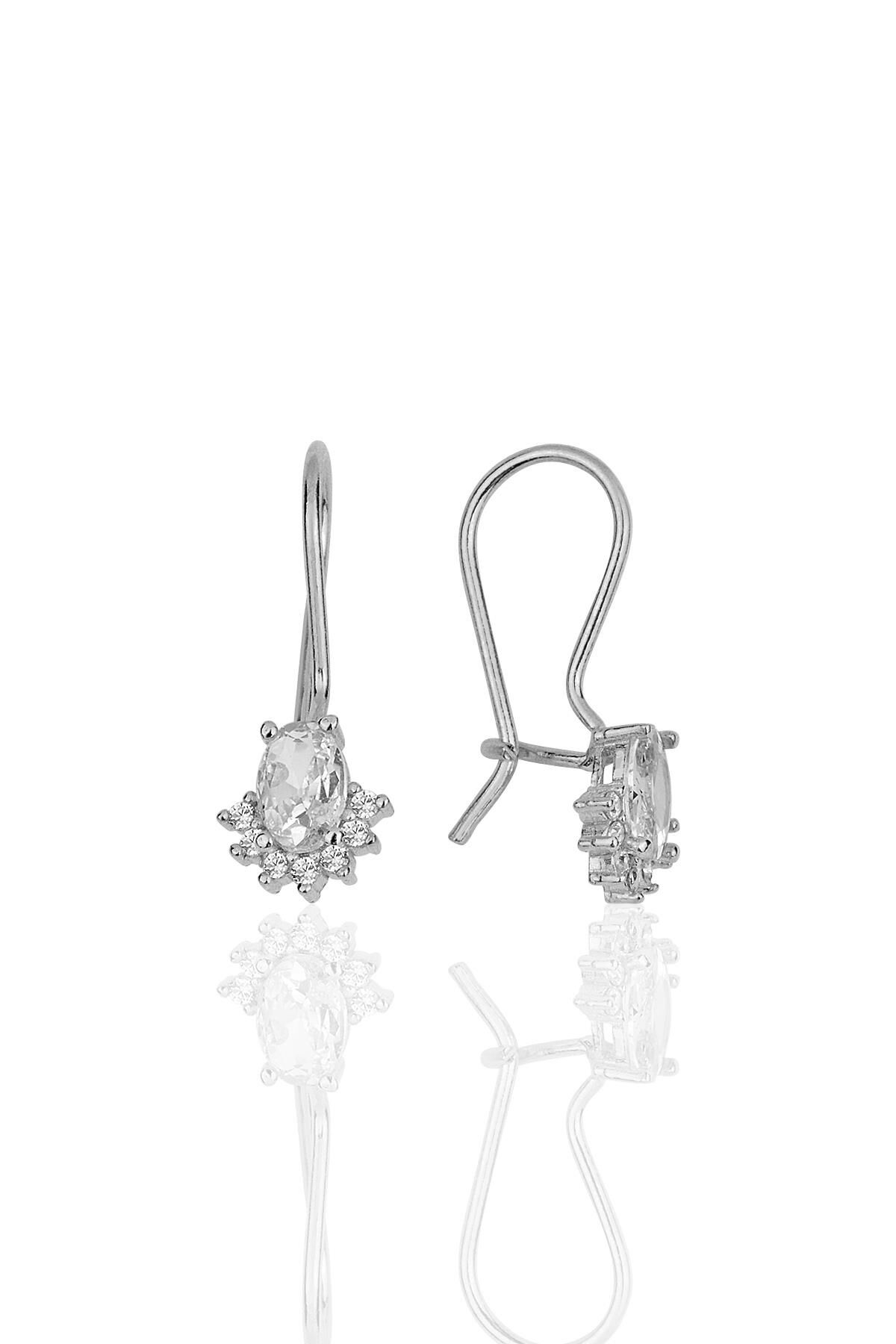 Gümüş rodyumlu oval kesim zirkon taşlı pırlanta modeli çengelli küpe SGTL11951RODAJ
