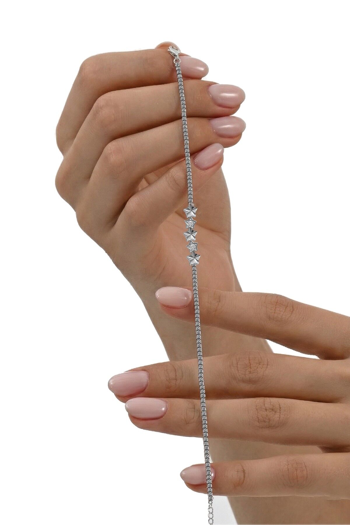 925 Ayar Gümüş Bileklik Zirkon Taşlı Işıltılı Yıldızlar Figürlü Su Yolu Bileklik - Işıltılı Kadın Gümüş Bileklik SGTL13234RODAJ