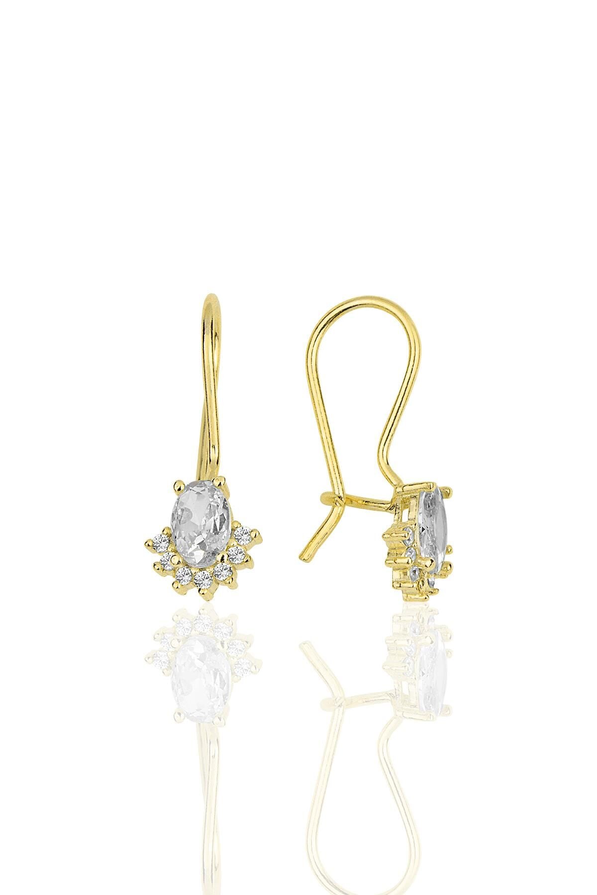 Gümüş altın yaldızlı oval kesim zirkon taşlı pırlanta modeli çengelli küpe SGTL11951GOLD