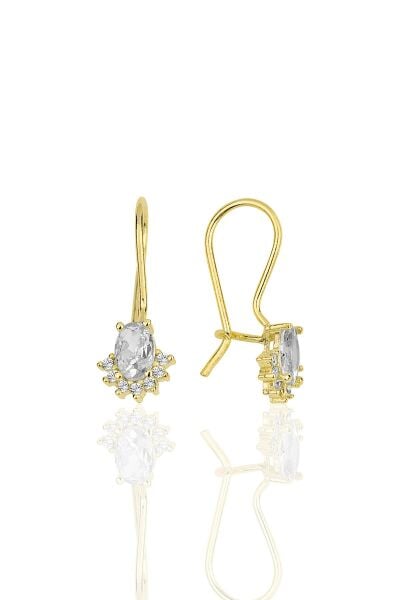 Gümüş altın yaldızlı oval kesim zirkon taşlı pırlanta modeli çengelli küpe SGTL11951GOLD