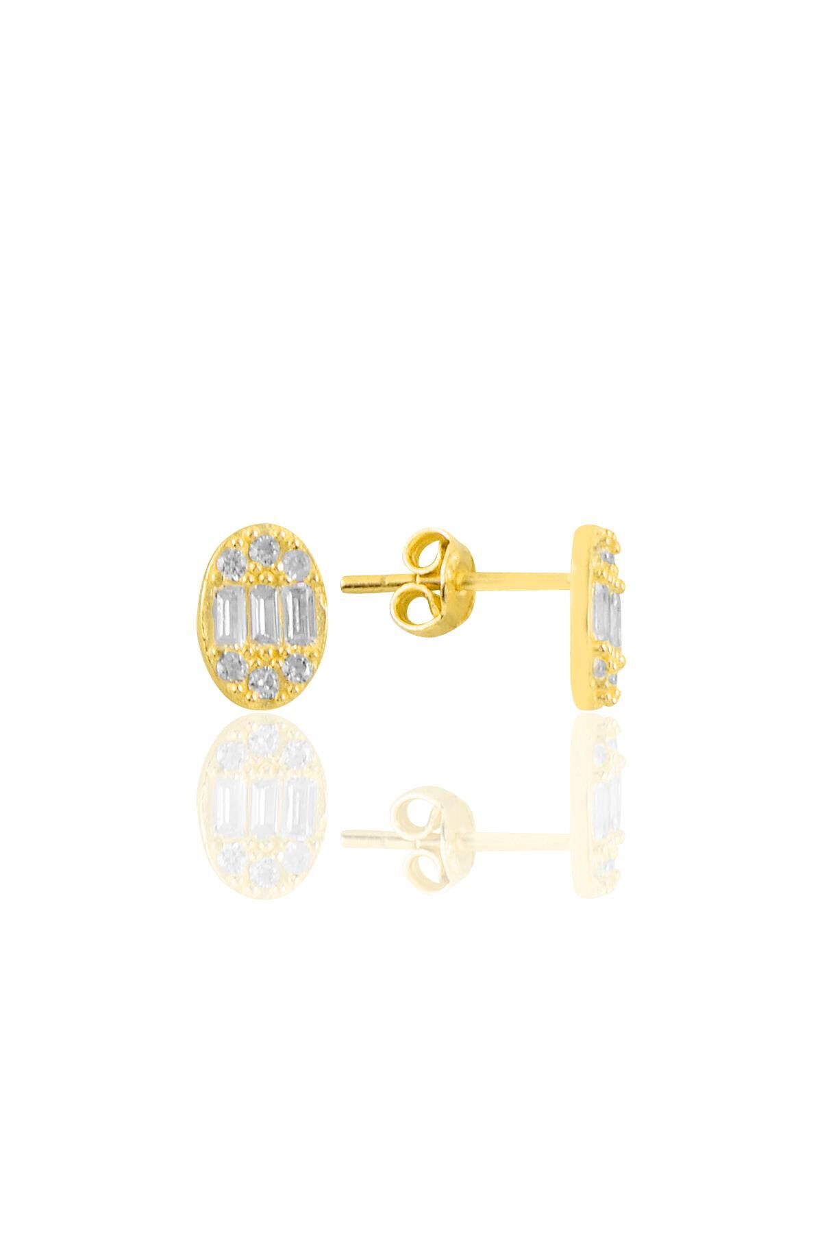 Gümüş altın yaldızlı zirkon baget taşlı oval küpe  SGTL11216GOLD