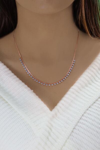 Gümüş rose turkuaz taşlı gurmet zincirli kolye SGTL10490ROSE