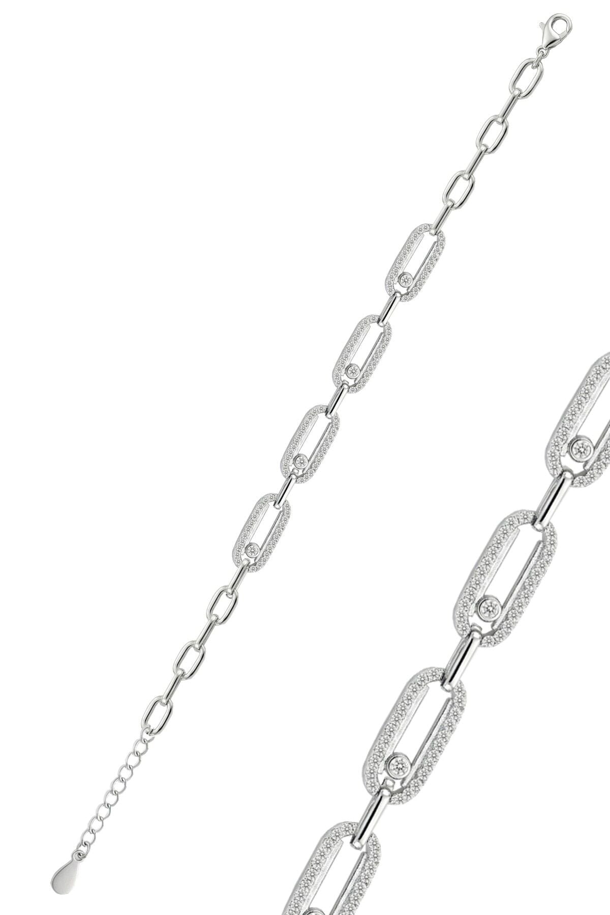 925 Ayar Gümüş Bileklik Işıltılı Hareketli Tektaş Detaylı Zirkon Taşlı Oval Zincir Bileklik - Modern Tasarım SGTL13235RODAJ