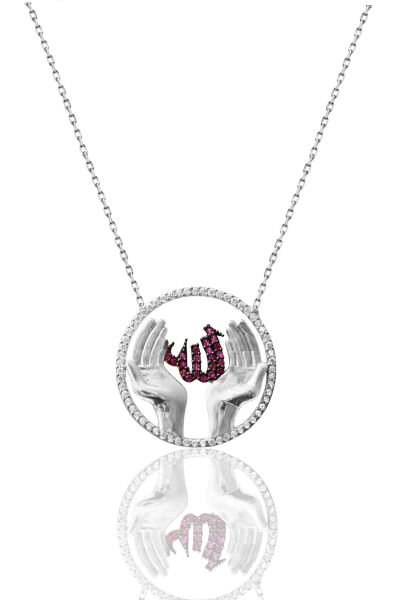 Gümüş rodyumlu fuşya taşlı ALLAH'a duacı eller kolye SGTL11215RODAJPEMBE